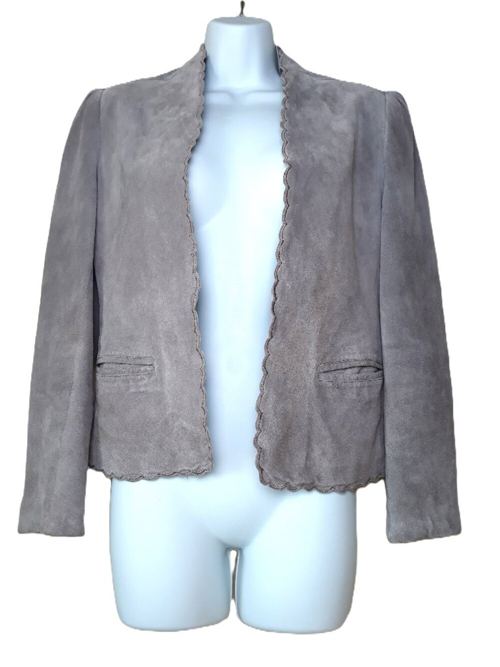 Casual Corner Taupe Scalloped Edge Leather Jacket Vintage Open Front Small